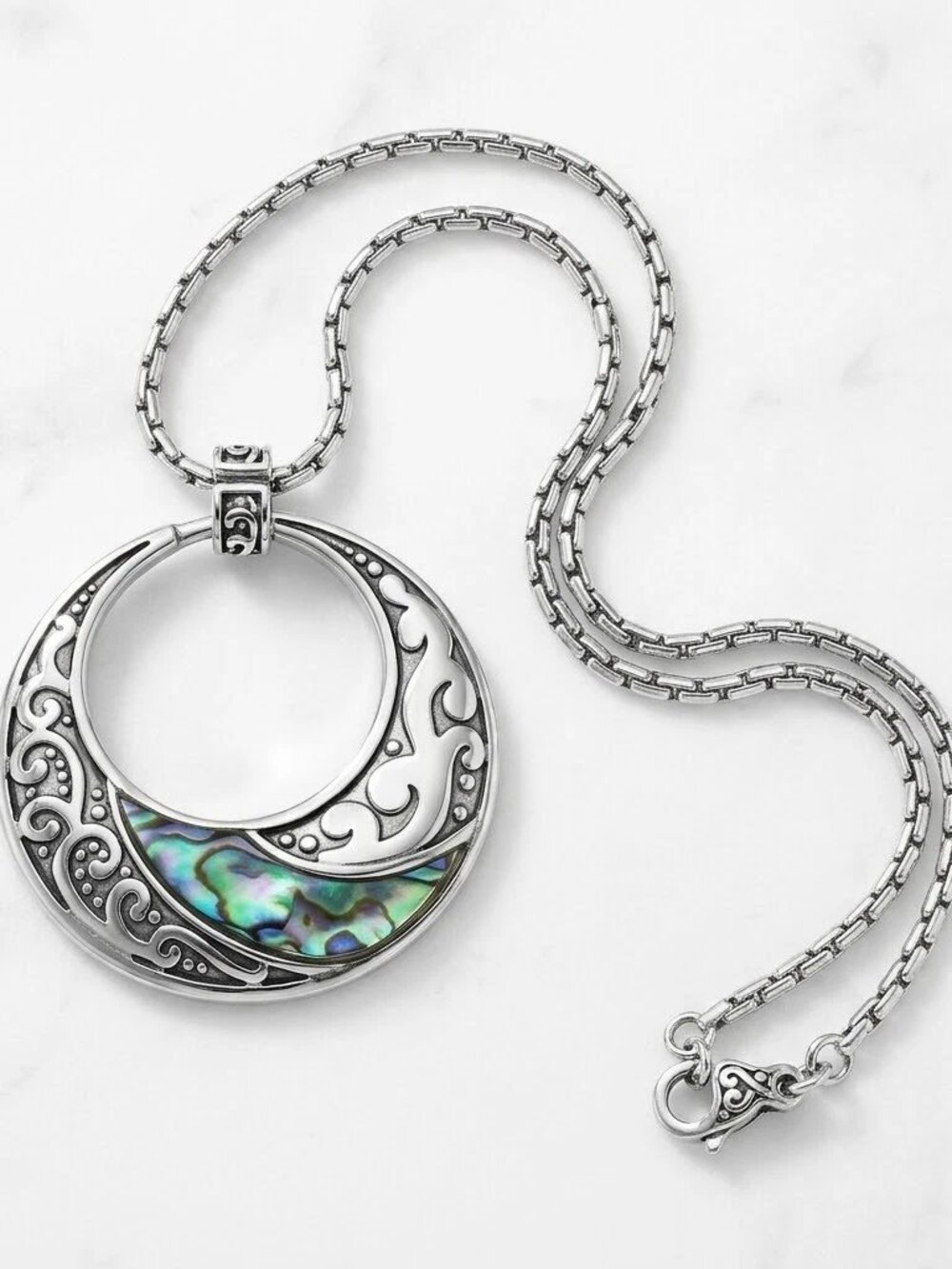 Storrs Wild Pearle Abalone Shell Necklace Silver Tone Crescent Moon Boho Pendant
